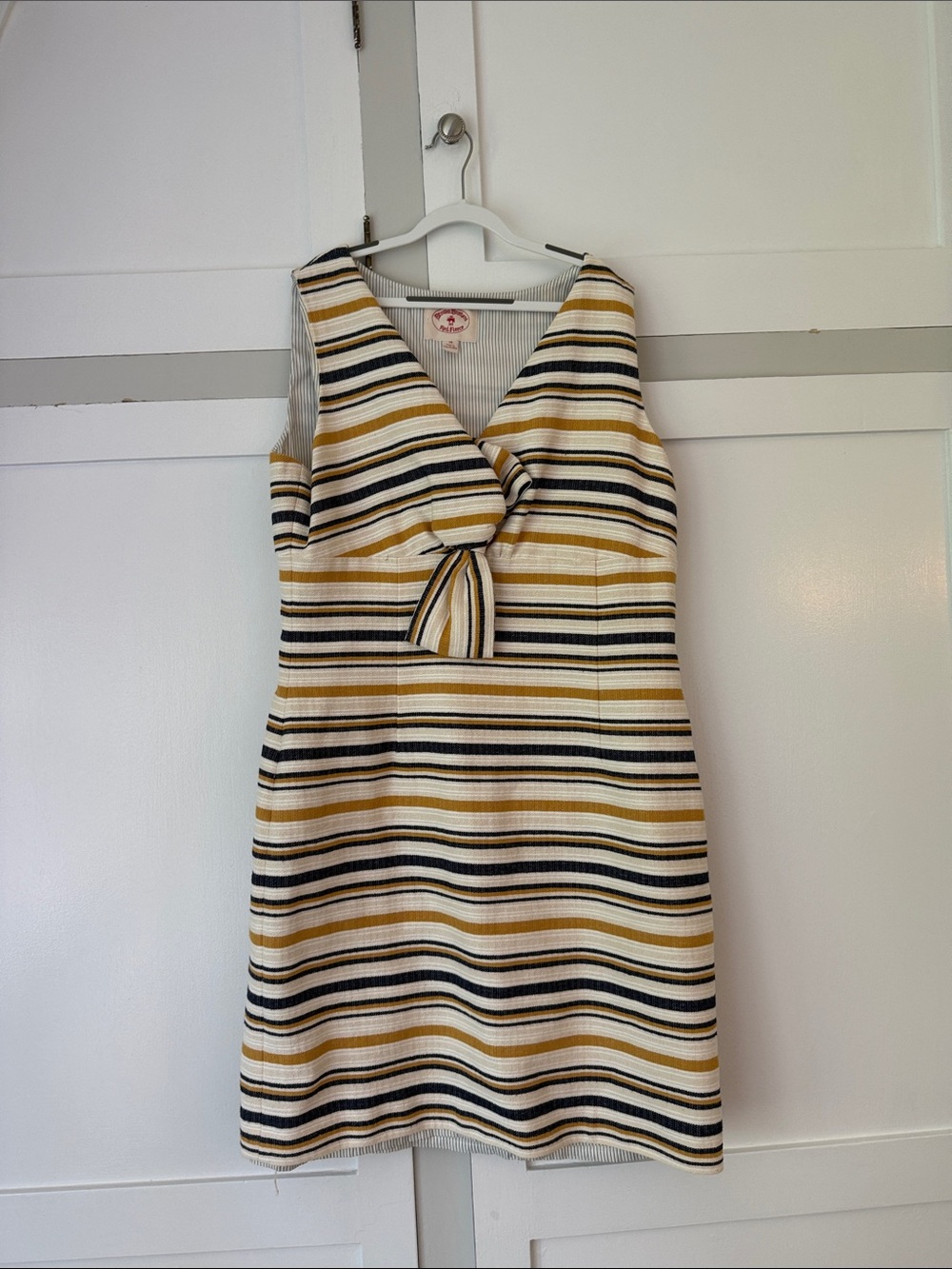 Brooks Brothers Striped V-Neck Tie-Front Mini Dress in Mustard, Black & White 14